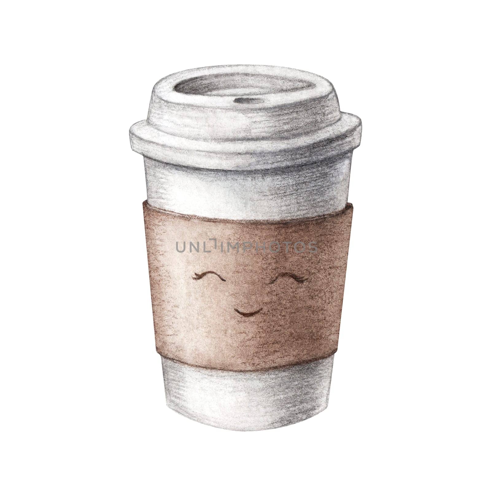 Hand drawn watercolor cardboard paper cute coffee cup, take away, isolated on white background. Food illustration, coffee to go. Watercolor painting