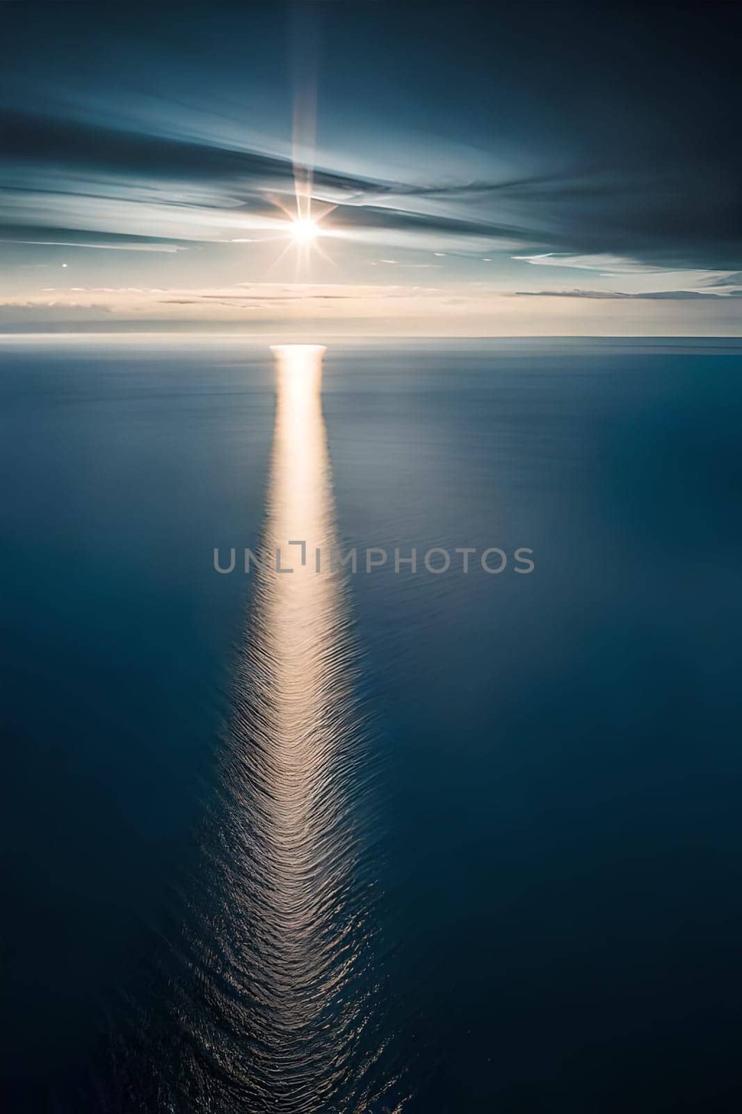 Moonlight in ocean landscape. The ocean stretches out as far as the eye can see, its surface a canvas of deep, midnight blue. AI generated image