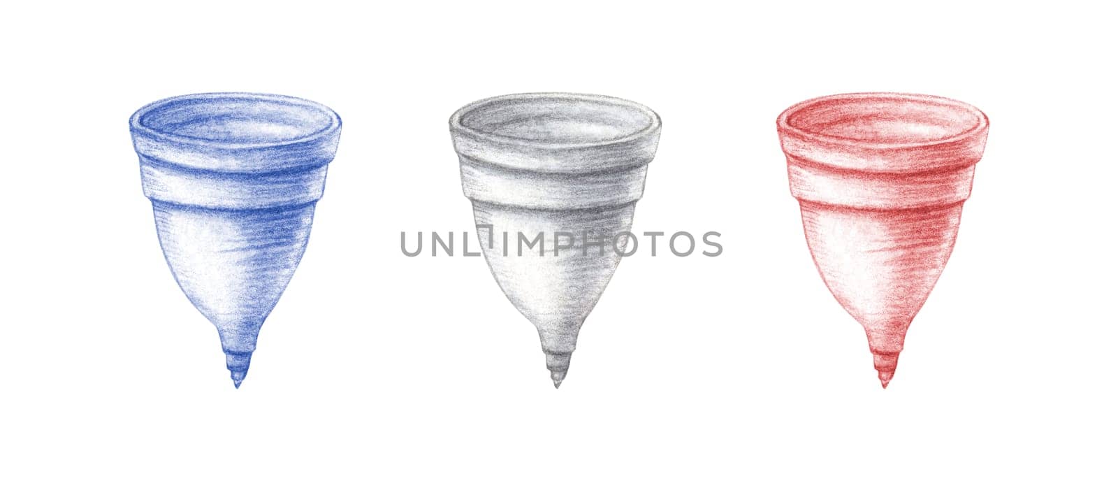 Watercolor set of hand painted transparent silicone menstrual cup illustration. Zero waste care. Hand drawn women stuff for periods, menstruation female hygiene product