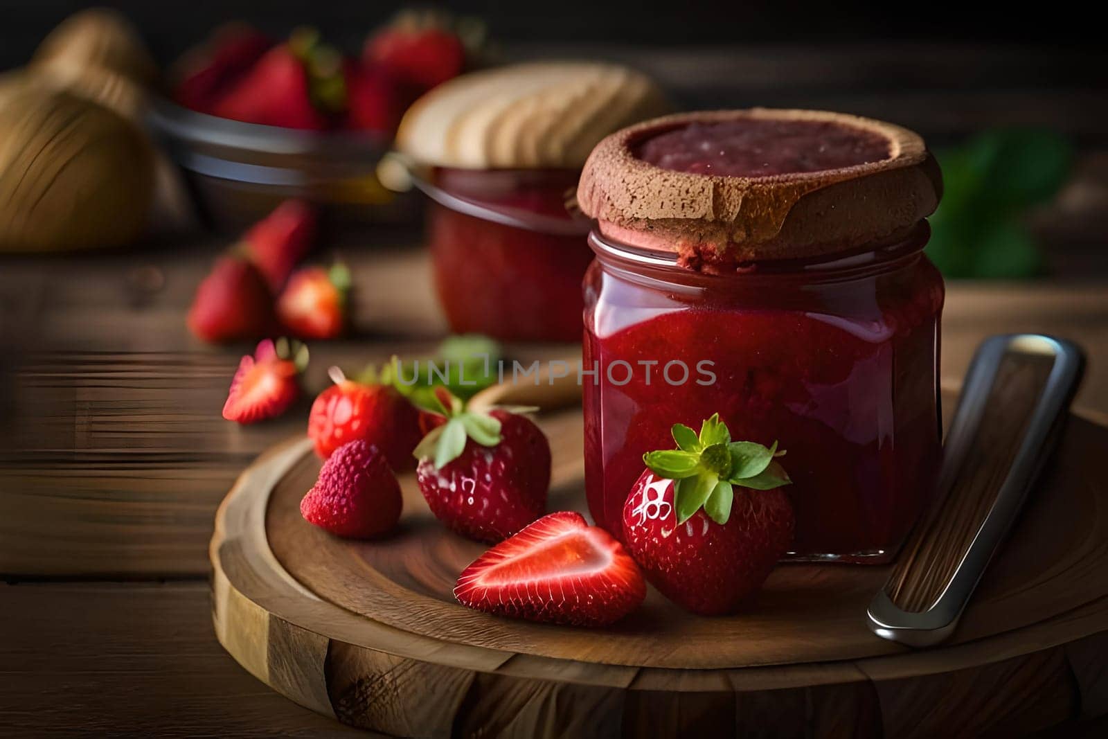 Strawberry jam in the glass jar with berries Generative Ai.