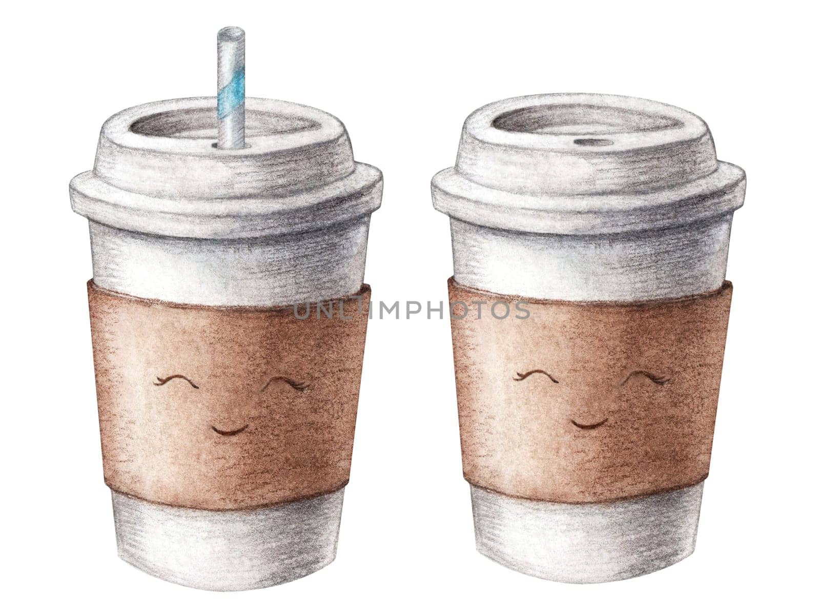 Hand drawn watercolor cardboard paper cute coffee cup set with a tubule straw, take away, isolated on white background. Food illustration, coffee to go. Watercolor painting. High quality illustration
