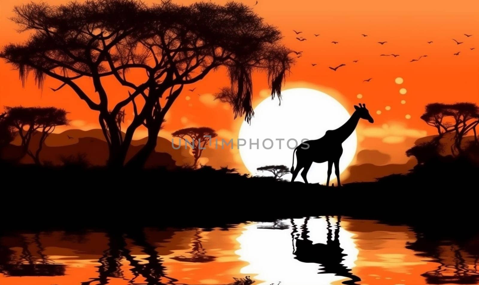 africa elephant nature wildlife animal giraffe sunset safari wild silhouette. Generative AI. by SHOTPRIME