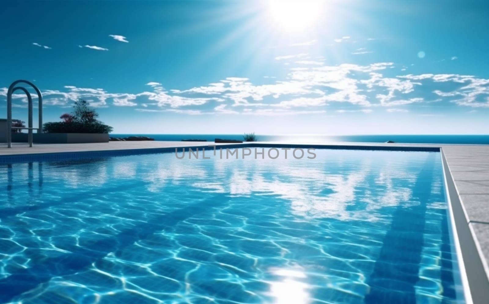 swimming blue large palm home water relaxation pool summer luxury. Generative AI. by SHOTPRIME