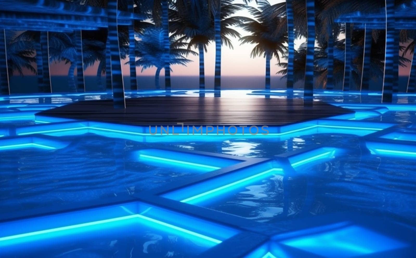 water large luxury dancing nature holiday recreation tropical sky evening architecture home light villa resort vacation summer new night pool. Generative AI.