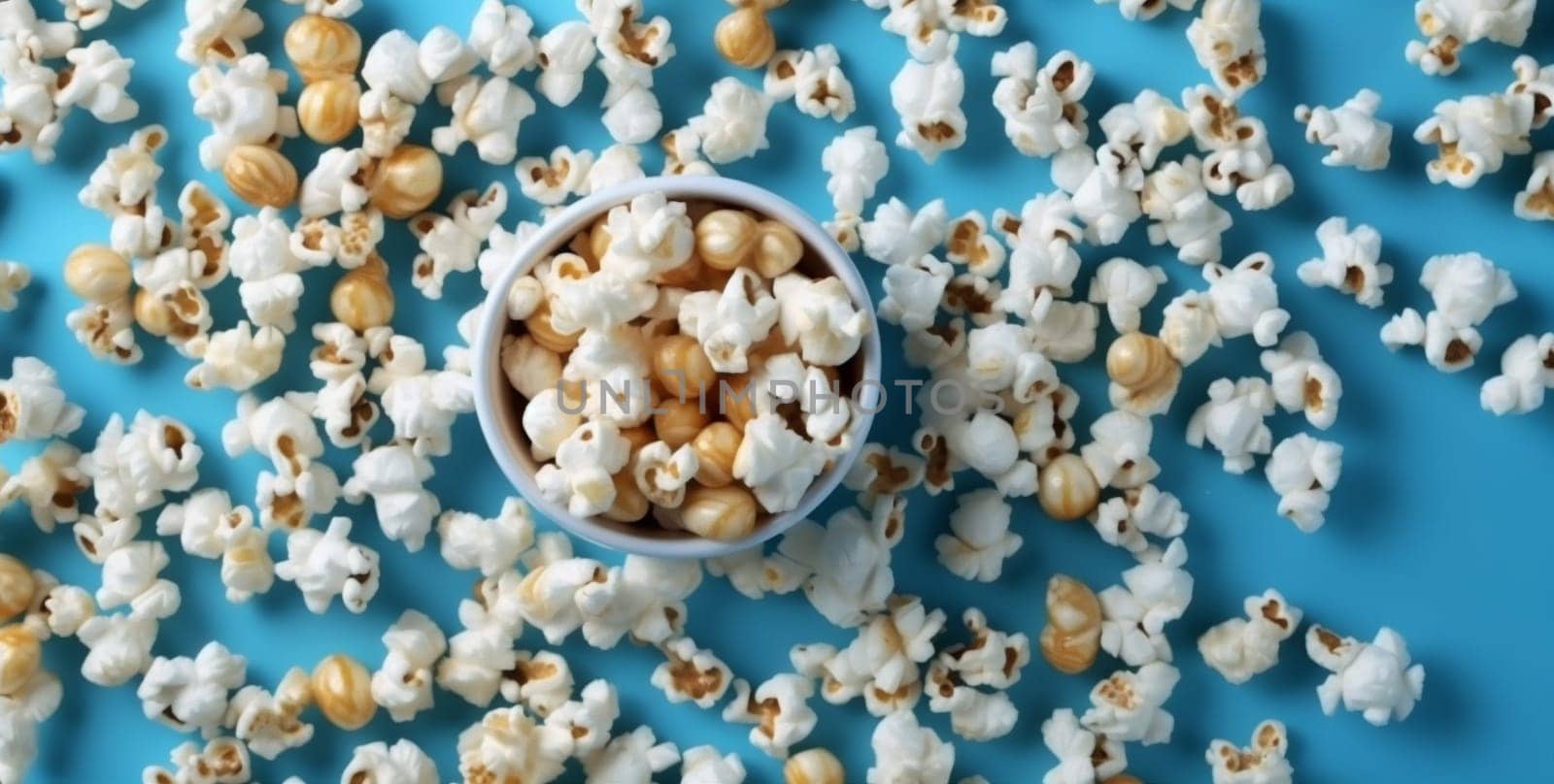 cinema popcorn corn isolated snack box salted carton pop nobody closeup poster food shot white salty sweet entertainment blue background paper. Generative AI.