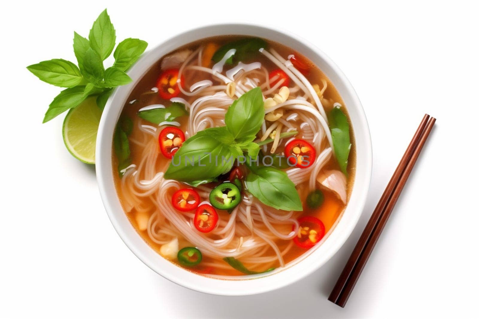 healthy dish noodle asian broth bowl background soup traditional food white. Generative AI. by SHOTPRIME
