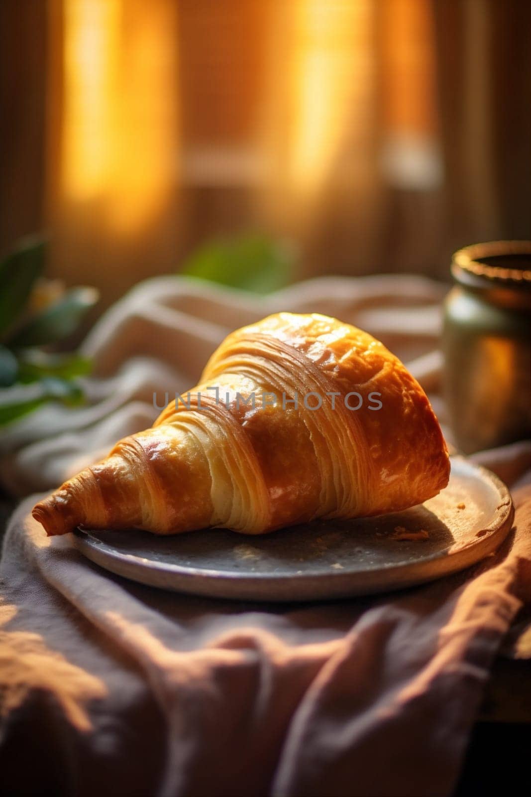 drink bakery food breakfast morning background bokeh table france croissant cup background. Generative AI. by SHOTPRIME