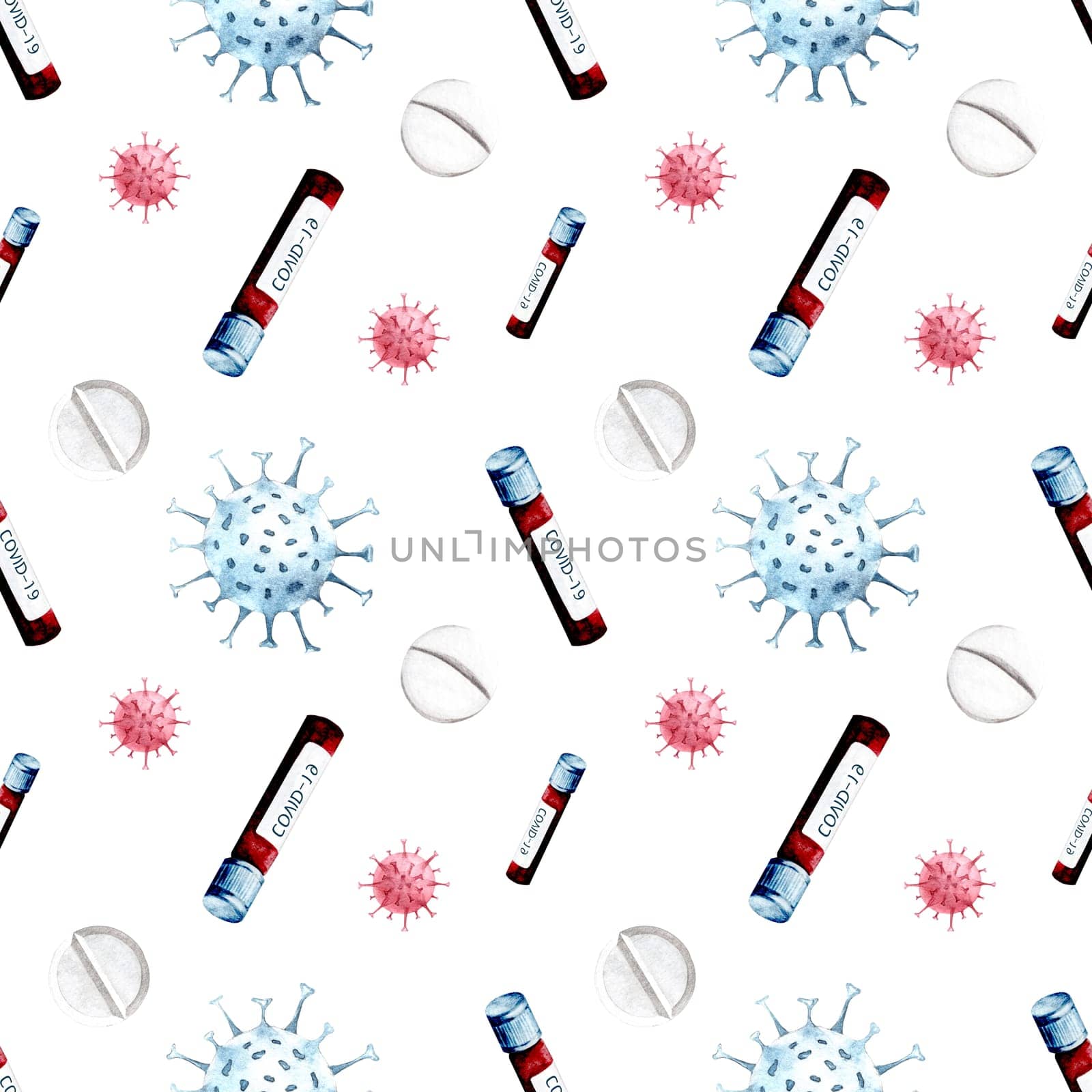 Watercolor hand drawn coronavirus medical supplies seamless pattern. Watercolour health care background with drugs, sanitizers, pills, covid-19 vaccine and tests isolated on white background.
