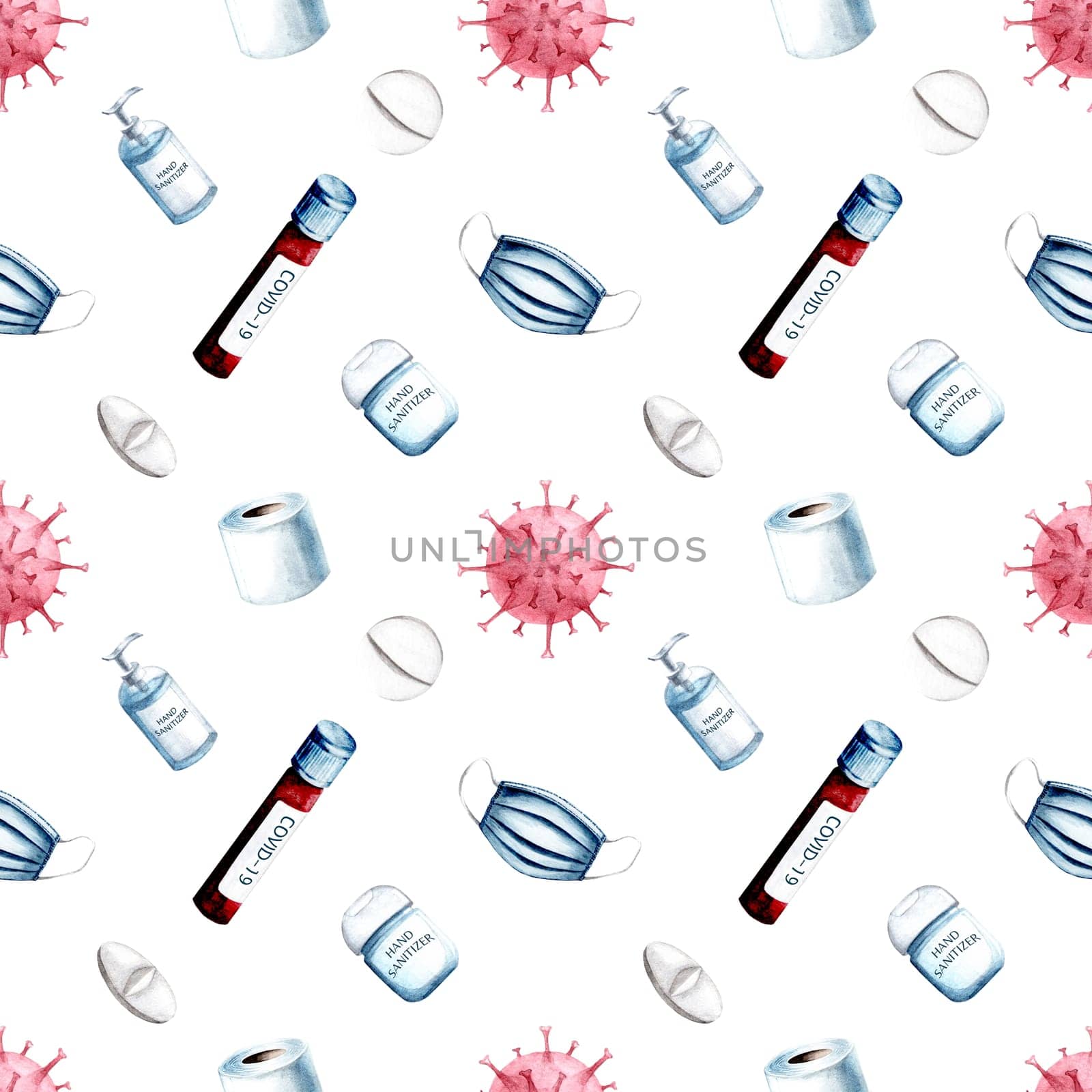 Watercolor hand drawn coronavirus medical supplies seamless pattern. Watercolour health care background with medical masks, sanitizers, pills, covid-19 vaccine isolated on white background.
