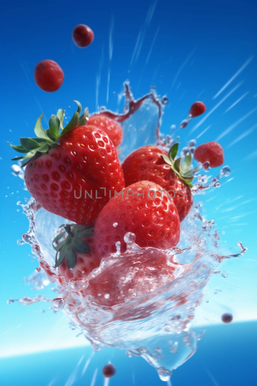 splash red fresh blue ripe healthy background bubble macro fall freshness closeup water food strawberry clear berry fruit milk drink nature. Generative AI.
