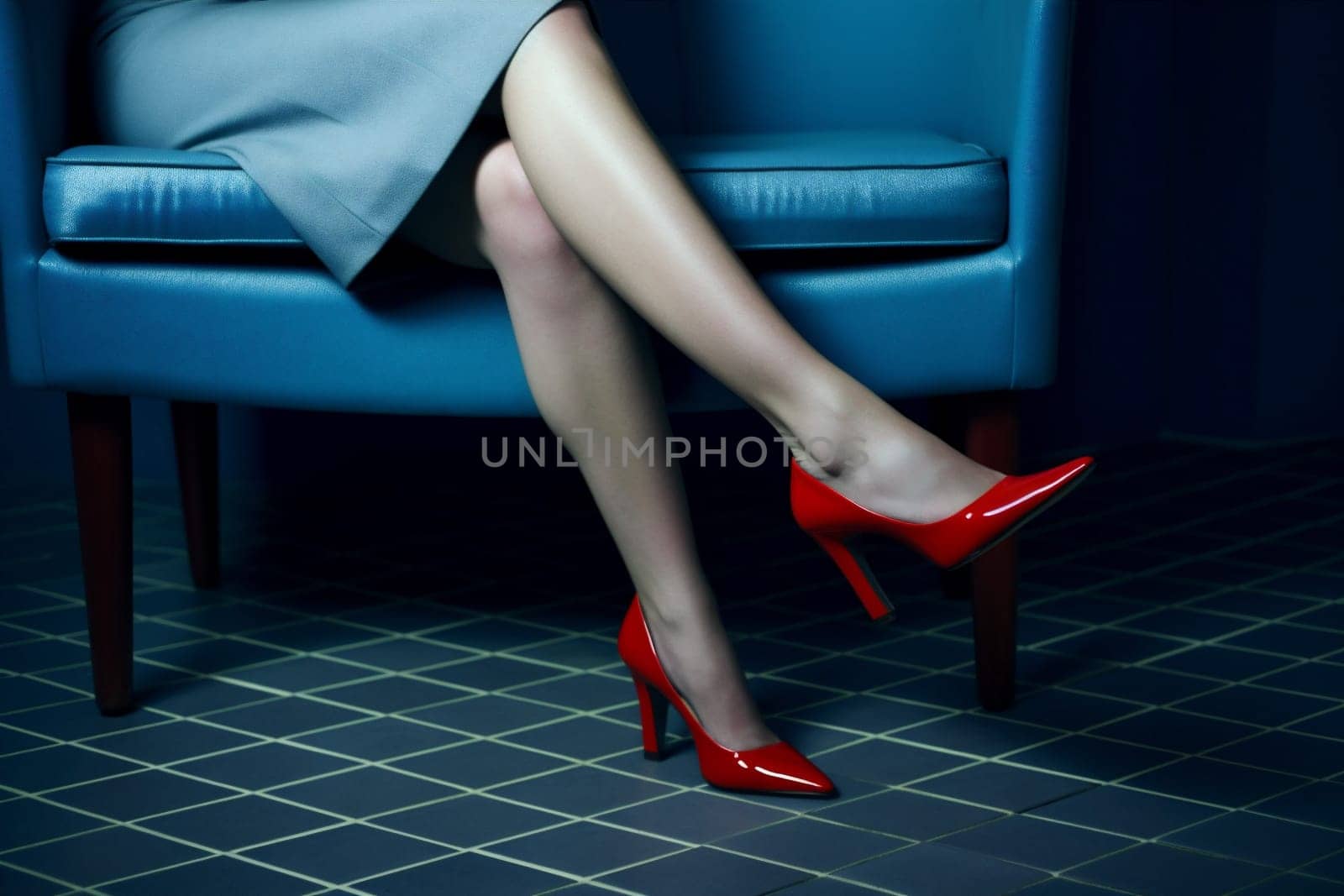 beautiful woman blue leg adult shoe fashion red foot concept colorful. Generative AI. by SHOTPRIME