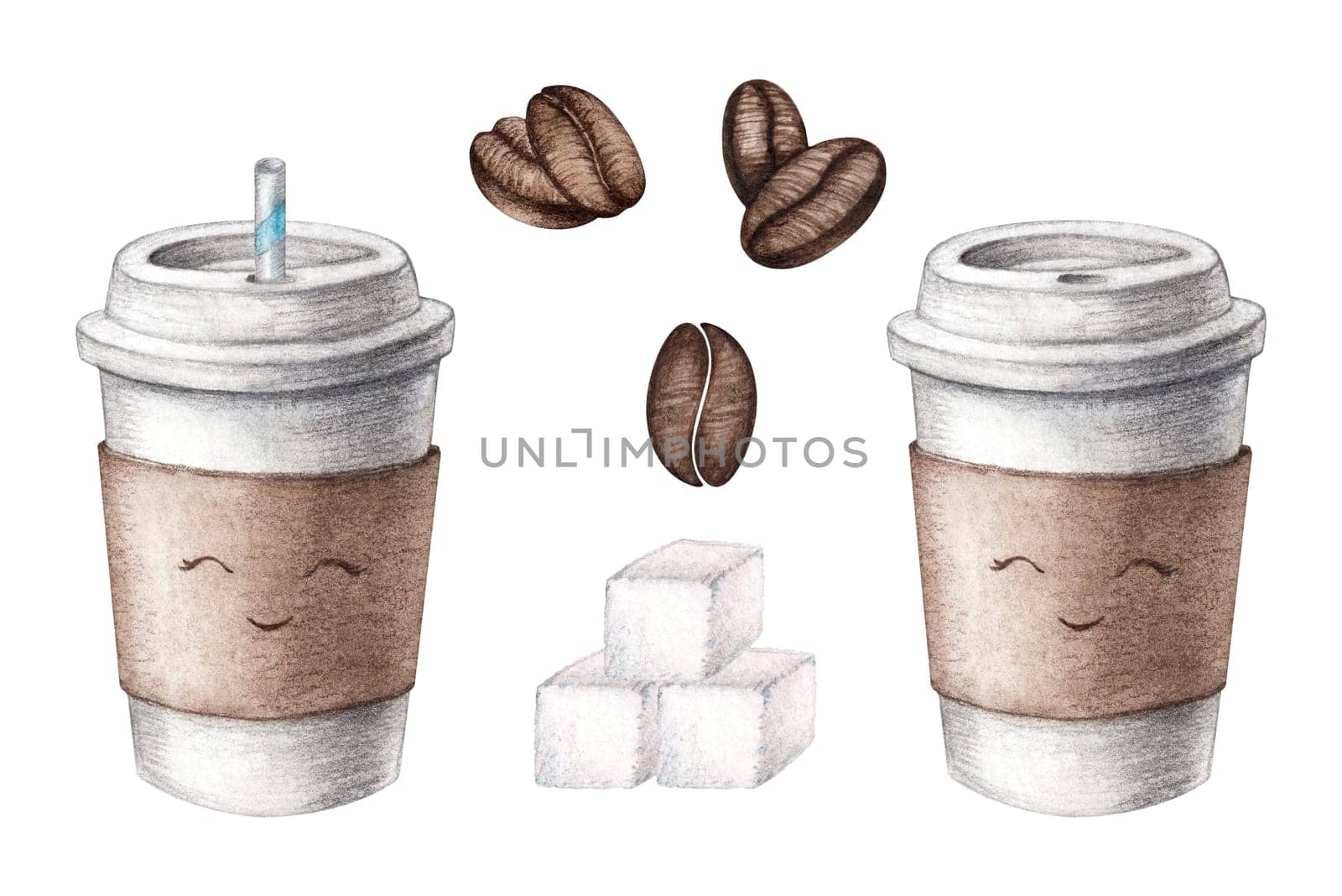 Hand drawn watercolor cardboard paper cute coffee cup, sugar cubes, beans set with a straw, take away to go, isolated on white background. Food illustration, coffee to go. Watercolor painting by Anny_Sketches