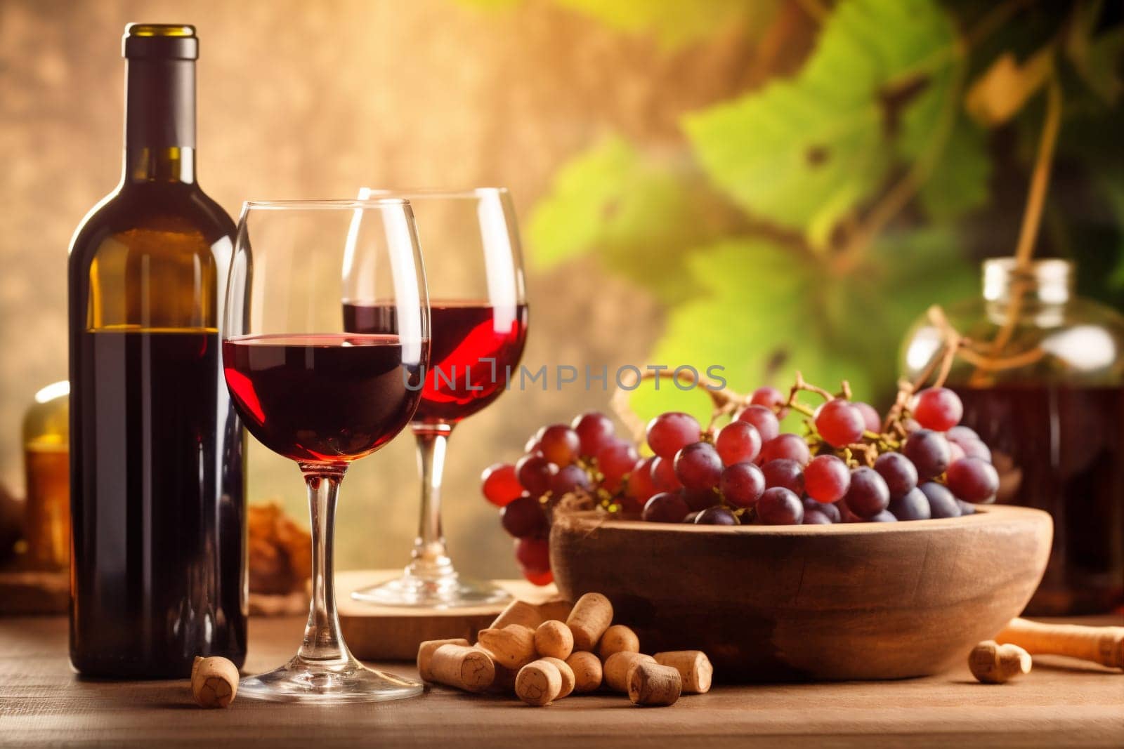 bottle vintage bunch beverage closeup taste food nature alcohol drink liquid leaf space grape copy celebrate background still winery fresh glass wine. Generative AI.