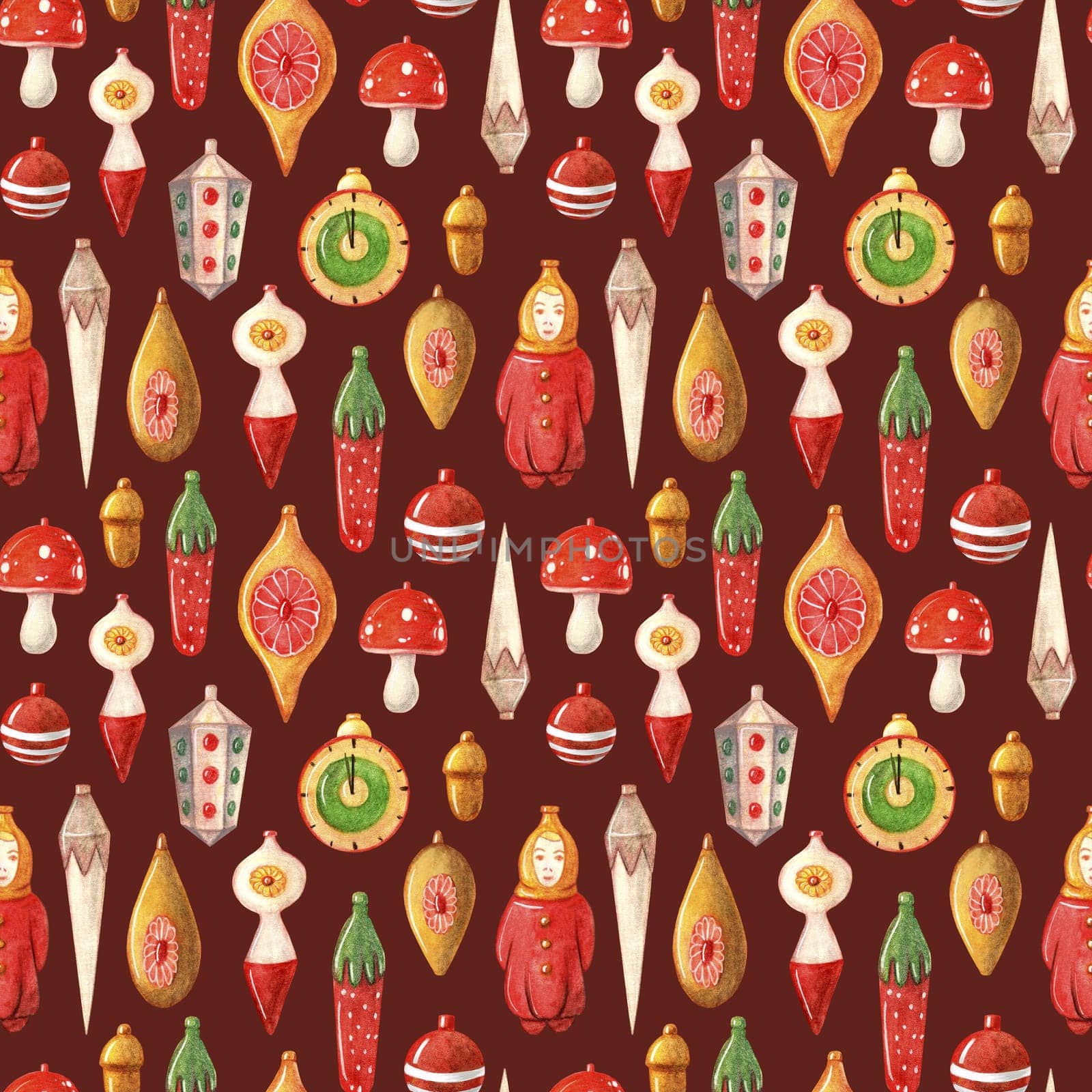 Vintage Christmas toys watercolor seamless pattern. New Year greeting card. It can be used to decorate holiday packages, fabrics, wrapping paper, textiles isolated on dark background.