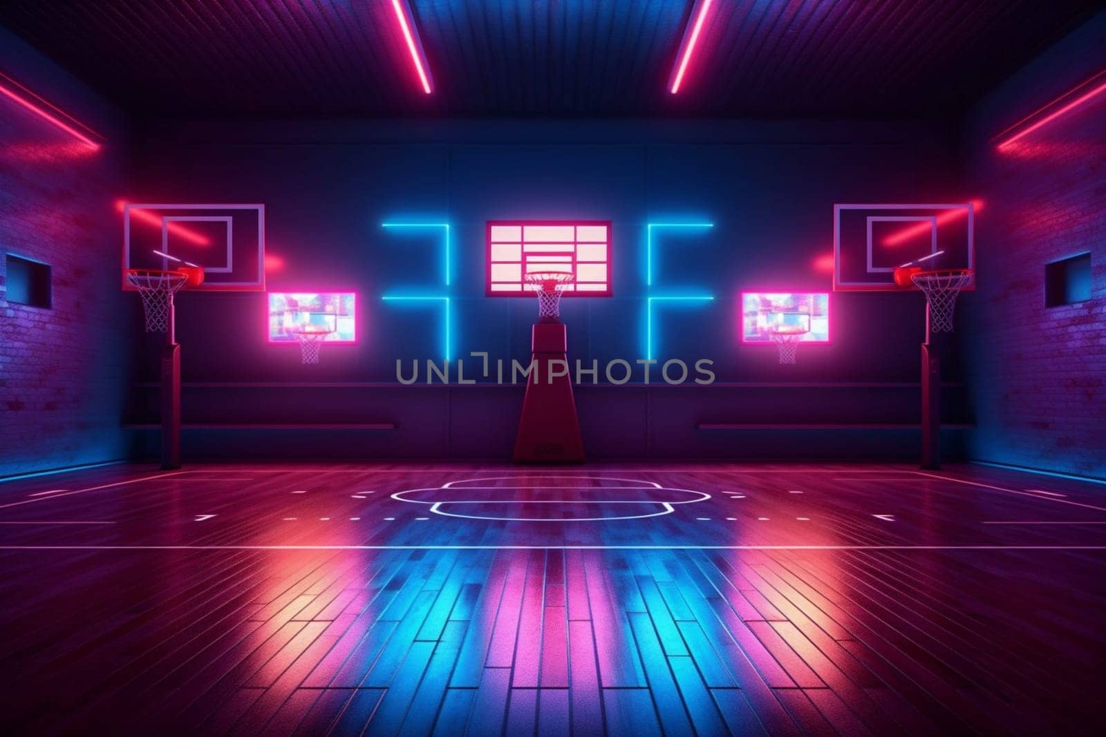 arena empty background corridor basketball space neon hall game tunnel interior indoor. Generative AI. by SHOTPRIME