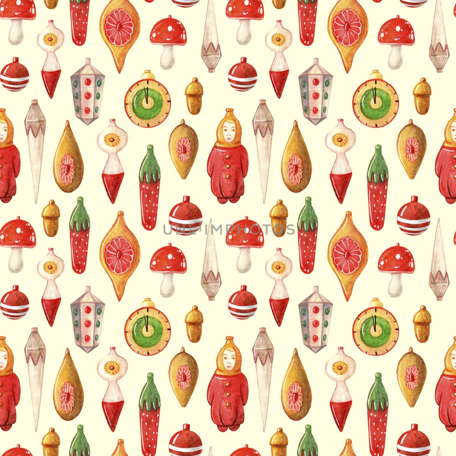 Vintage Christmas toys watercolor seamless pattern. New Year greeting card. It can be used to decorate holiday packages, fabrics, wrapping paper, textiles on yellow background. by Anny_Sketches