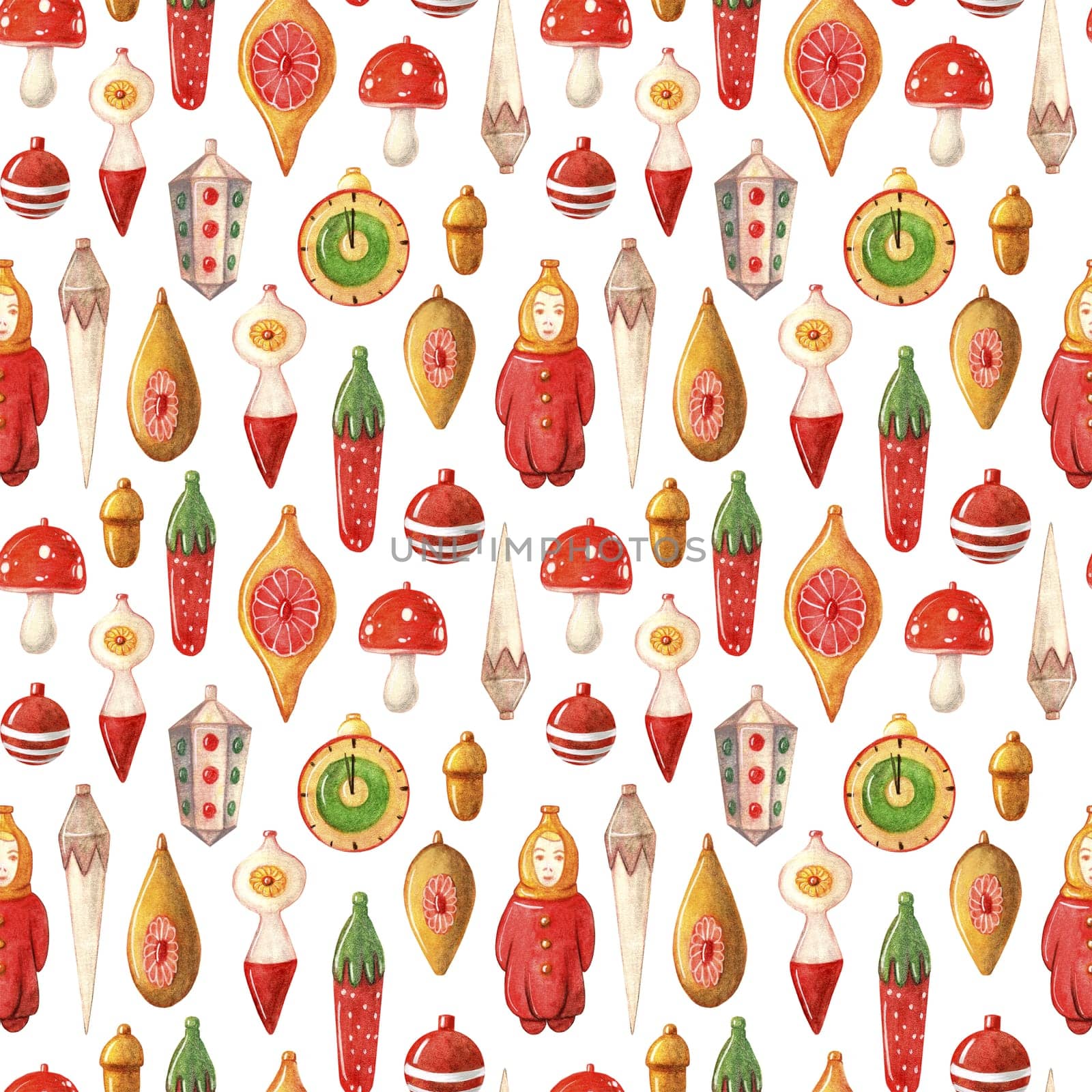 Vintage Christmas toys watercolor seamless pattern. New Year greeting card. It can be used to decorate holiday packages, fabrics, wrapping paper, textiles isolated on white background.