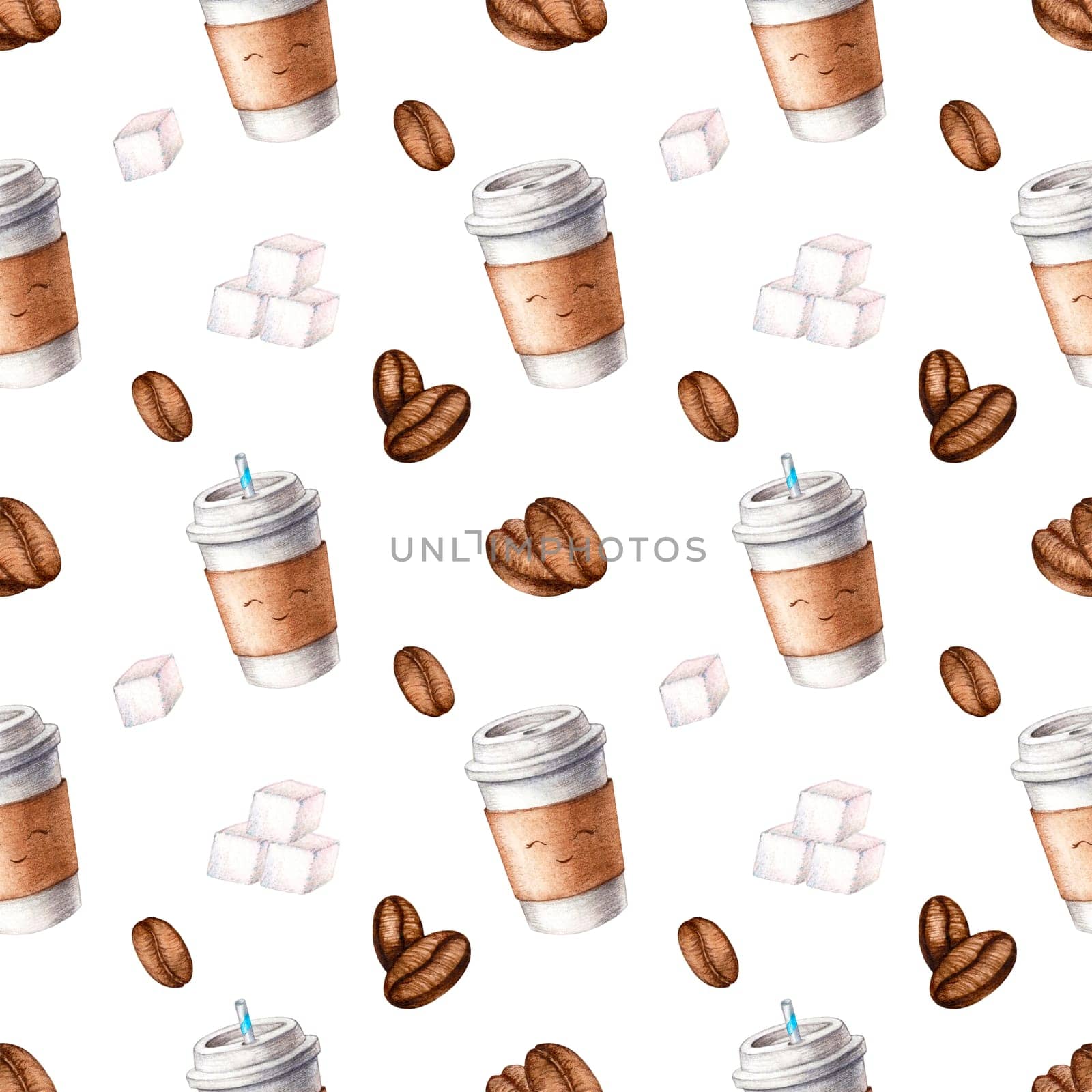 Seamless pattern watercolor hand painted illustration of coffee cup to go. Watercolour coffee beans, sugar cubes isolated on white background. Drink background for menu design and fabric textile