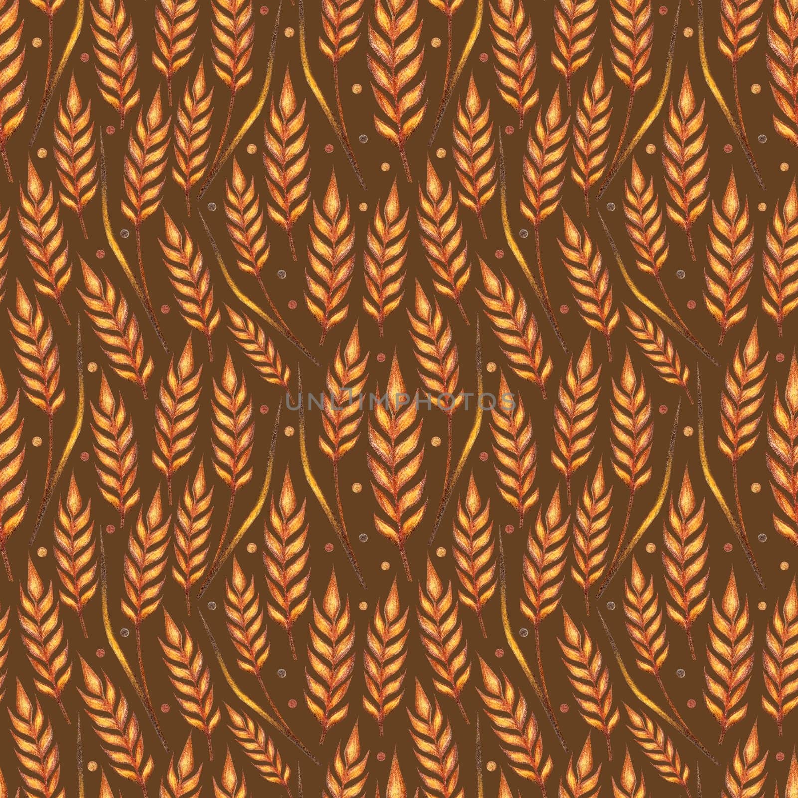 Ear of wheat watercolor seamless pattern. Hand drawn sketched illustration. Concept for agriculture, organic cereal products, harvesting grain, bakery, healthy food.