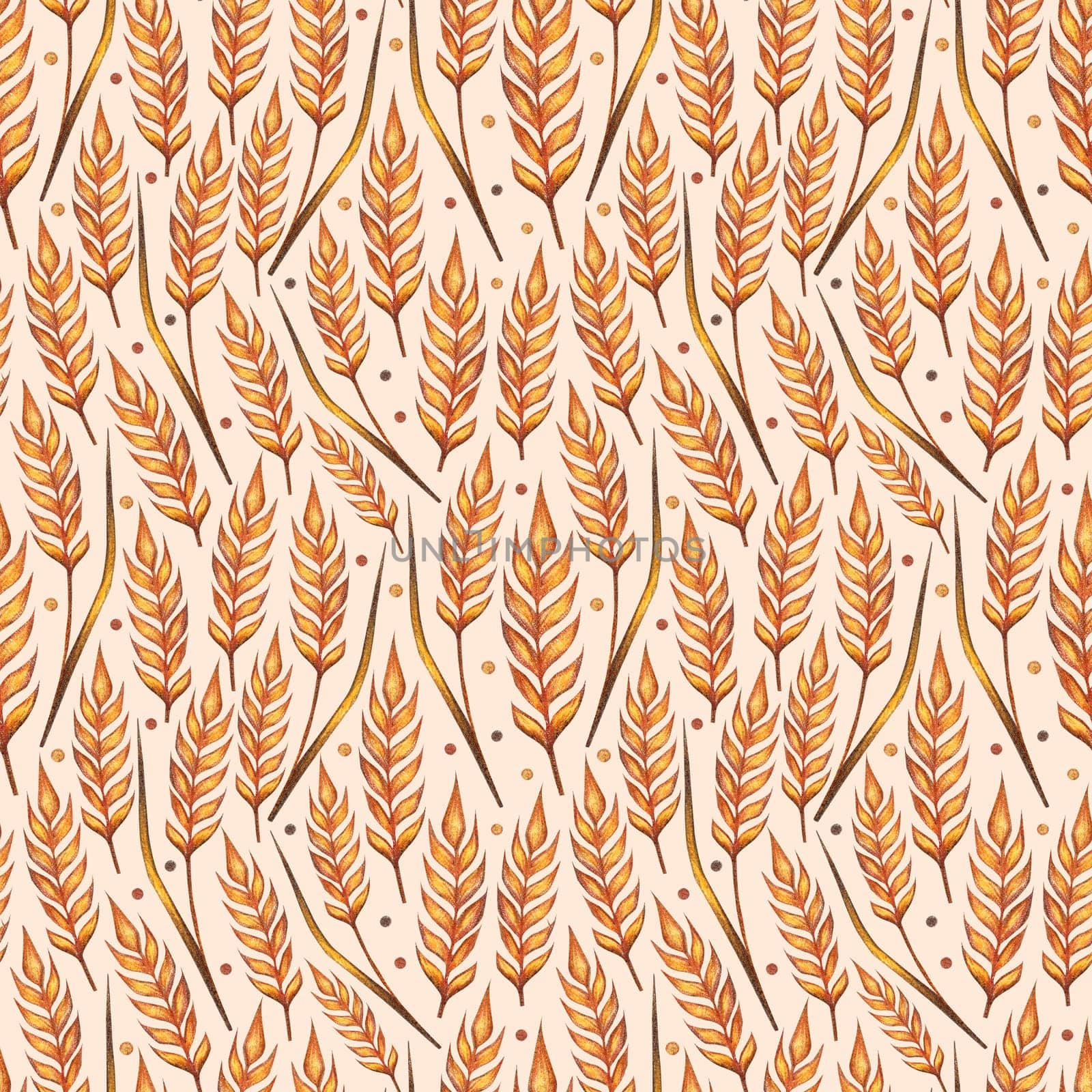 Ear of wheat watercolor seamless pattern. Hand drawn sketched illustration. Concept for agriculture, organic cereal products, harvesting grain, bakery, healthy food.