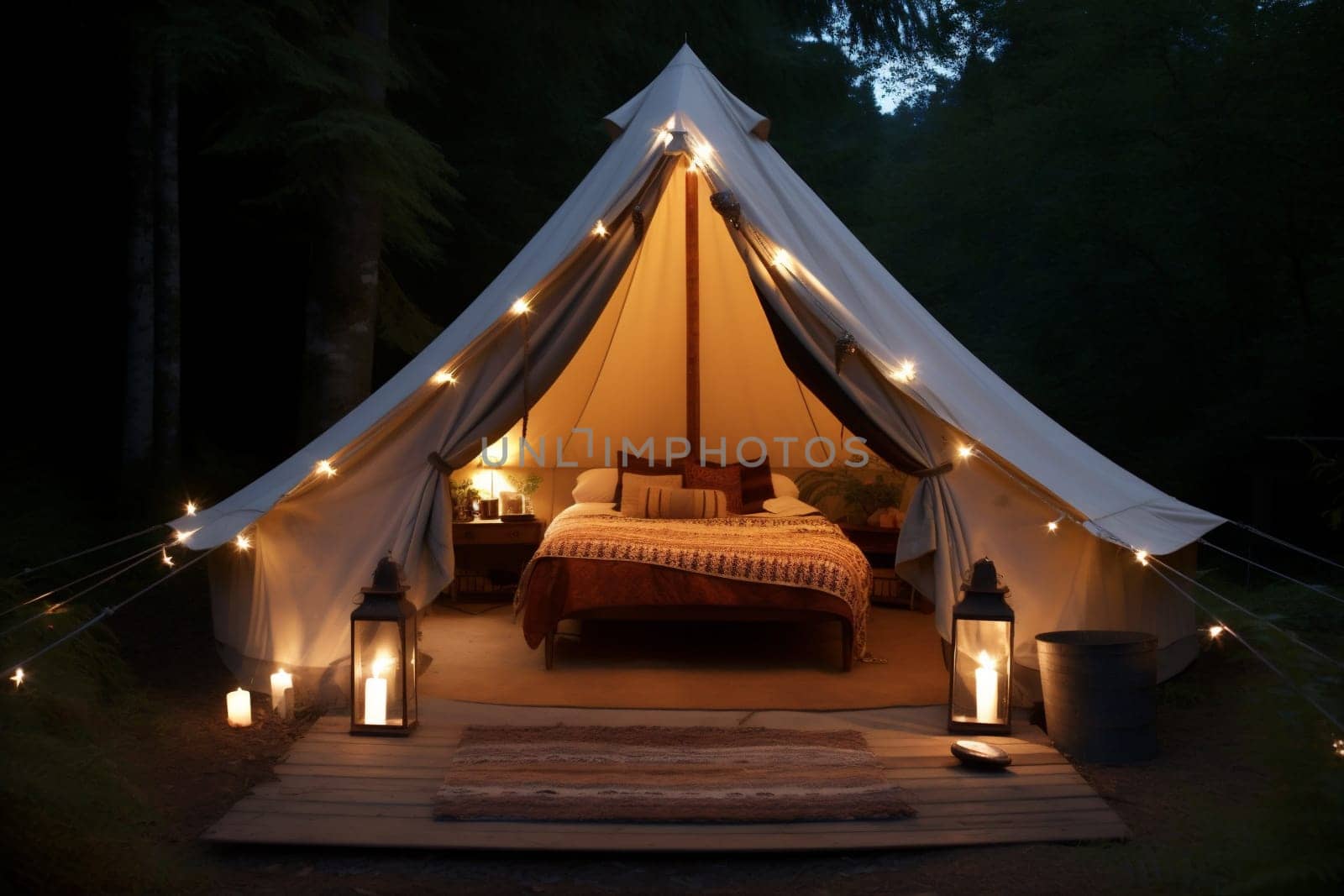 travel nature tent canvas glamping luxury light camping forest vacation. Generative AI. by SHOTPRIME