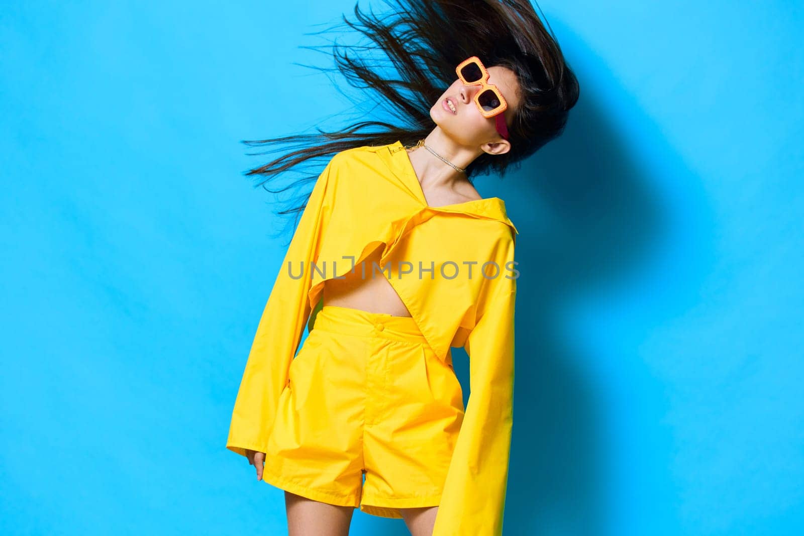 woman hair person lifestyle young expression long yellow sunglasses attractive cheerful lady outfit joy lovely fashion fun trendy model girl blue: beautiful creative