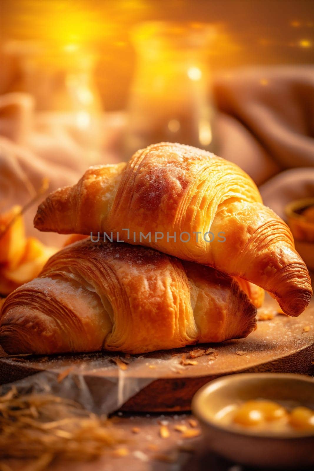 drink bokeh morning cup background breakfast background table croissant food bakery space. Generative AI. by SHOTPRIME