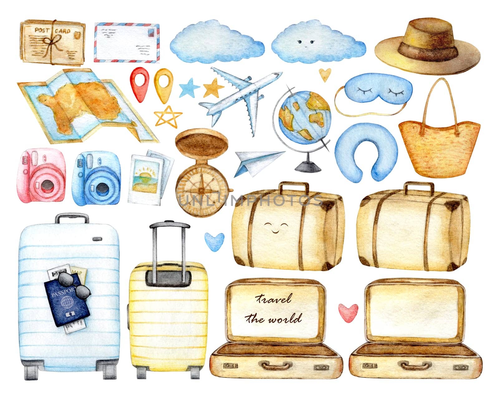 Travel set of icons with airplane, the globe, suitcase, sleep mask, camera, vacation and recreation. Watercolor hand draw illustration for Tourism day on white isolated background. Instagram icons