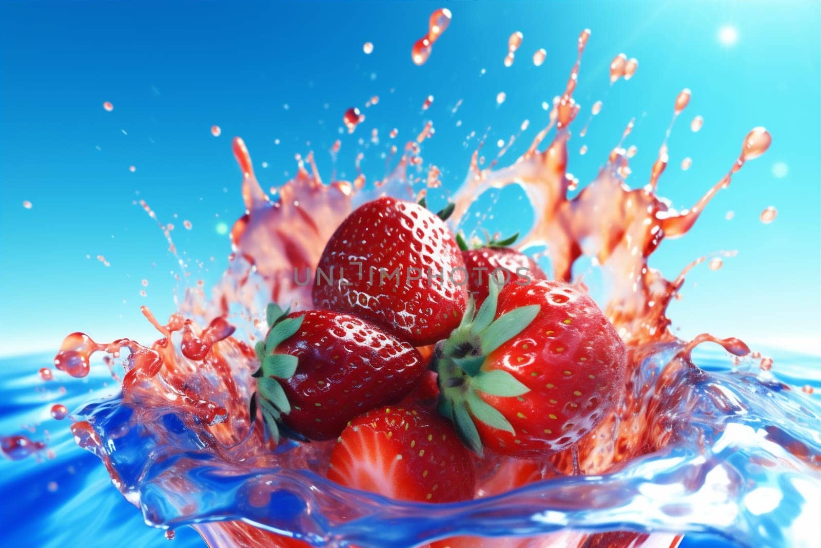 splash food blue fresh background healthy red fruit strawberry freshness water. Generative AI. by SHOTPRIME