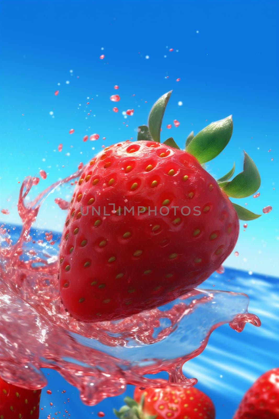 strawberry blue splash red fresh food water fruit healthy freshness background. Generative AI. by SHOTPRIME
