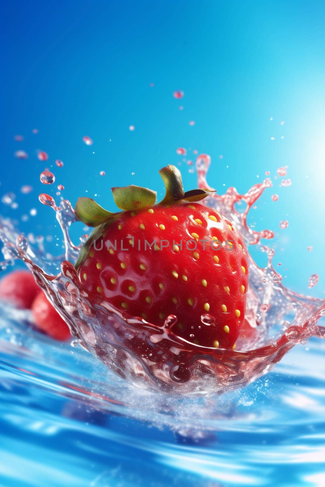 ripe fallen raw health cyan blue background fruit food freshness splash red vitamin white strawberry fresh berry clean nature healthy water. Generative AI.