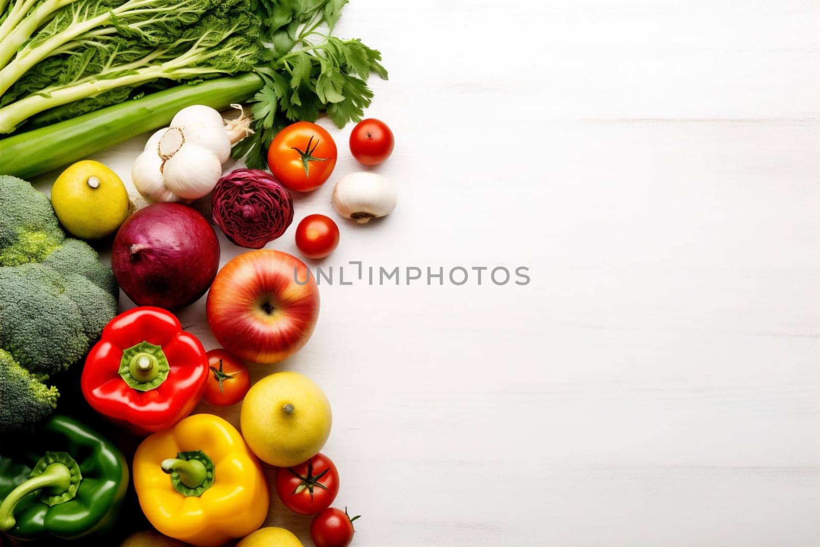 ripe lettuce colorful food fruit vegetarian leaf healthy ingredient collection raw vegetable agriculture broccoli white background tomato isolated natural green pepper. Generative AI.