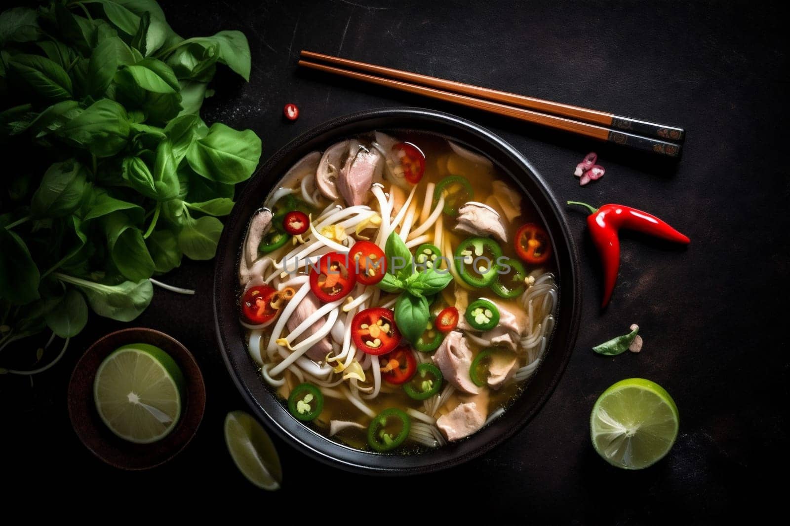 hot delicious space chicken soup miso asia food meal ramen vegetable noodle cooking background broth vegetarian japanese eat asian chili bowl. Generative AI.