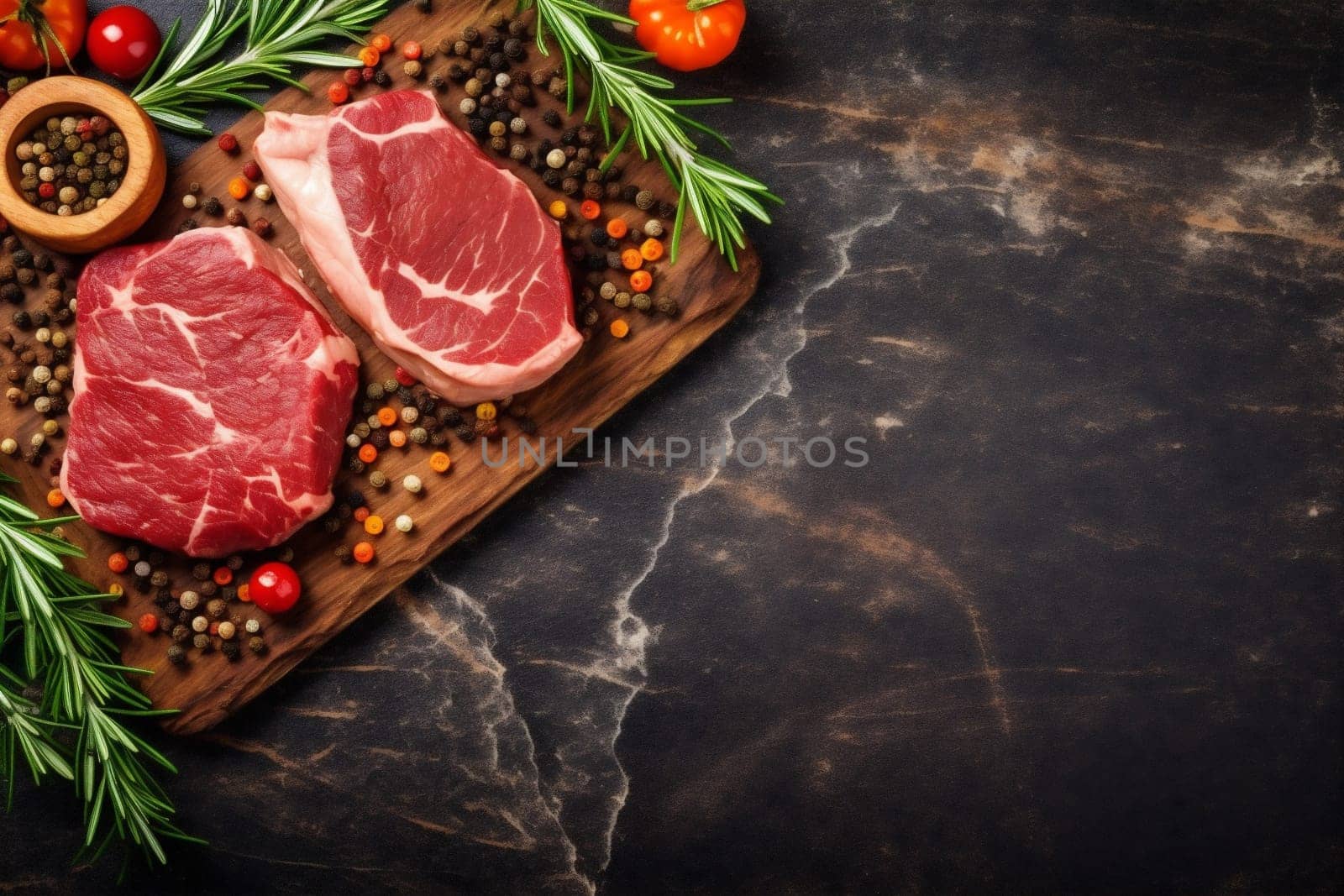 dark raw grill cooked rosemary grilled fried black bbq roasted beefsteak steak meat chop background red herb slice ingredient beef food. Generative AI.