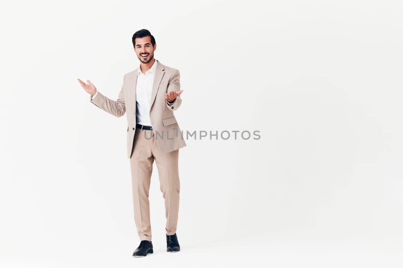 man beige victory white flying running suit winner standing businessman beard smiling tie cheerful copyspace business work shirt success isolated happy