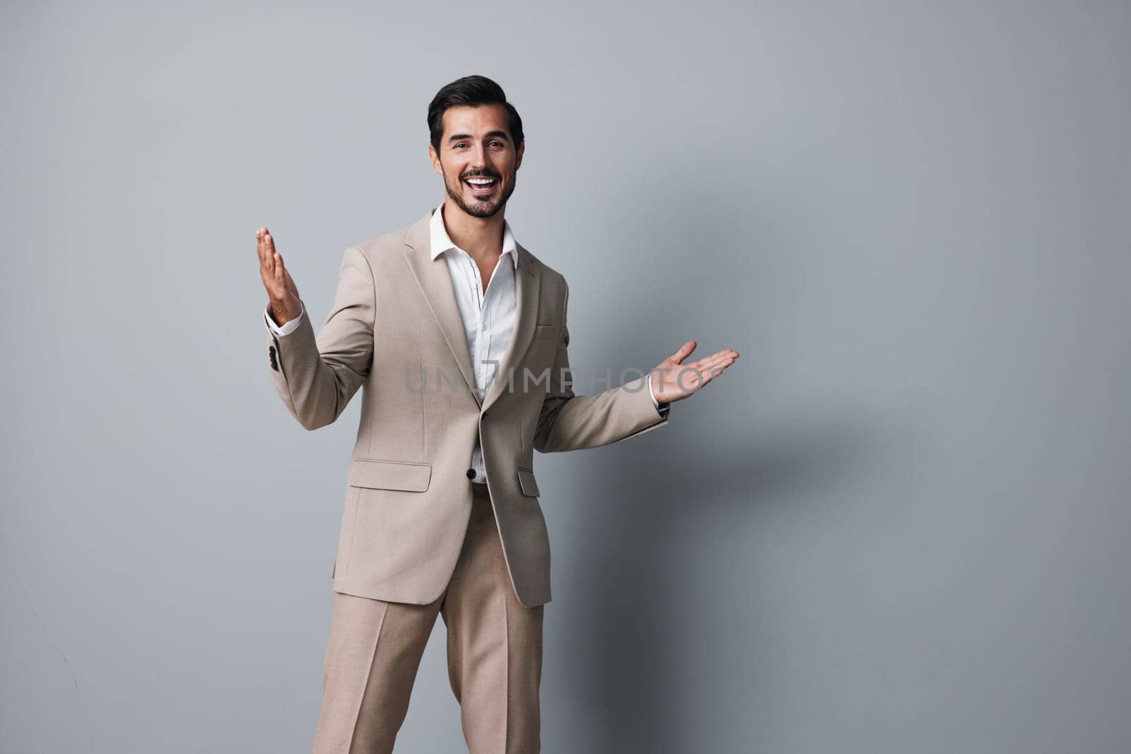 happy man portrait businessman copyspace business suit arm confident attractive office person handsome white shirt beige job sexy guy eyeglass smiling