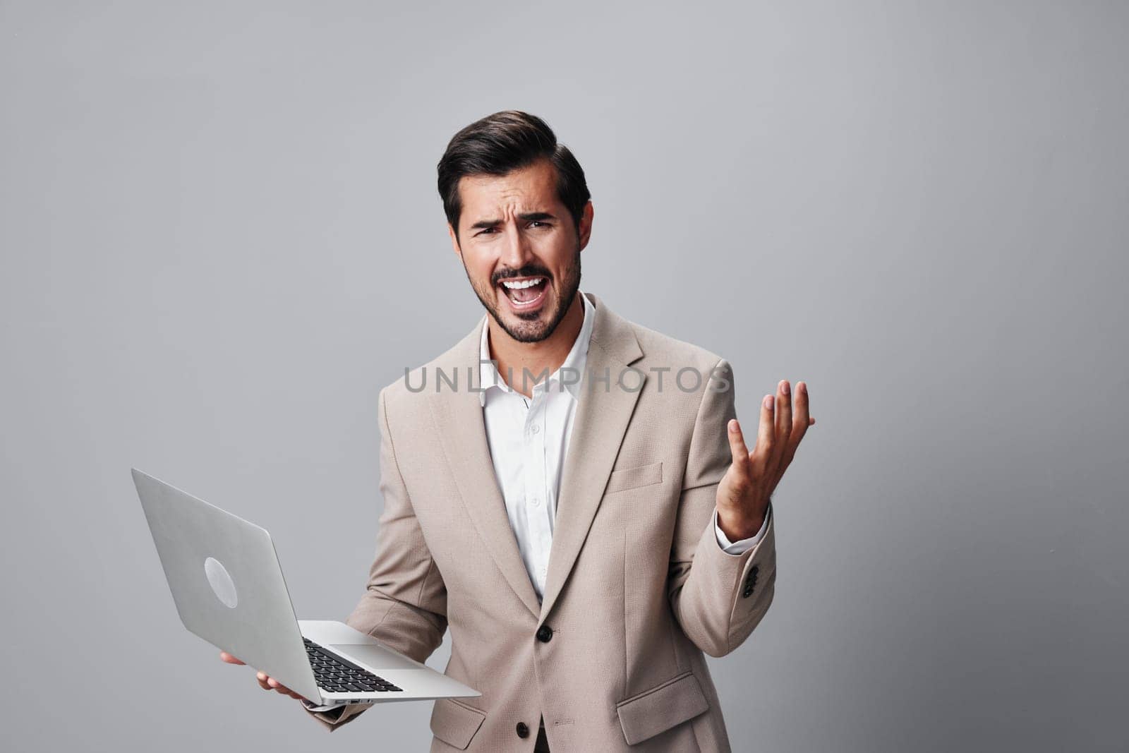 man copyspace job laptop handsome freelancer suit internet business computer smiling by SHOTPRIME