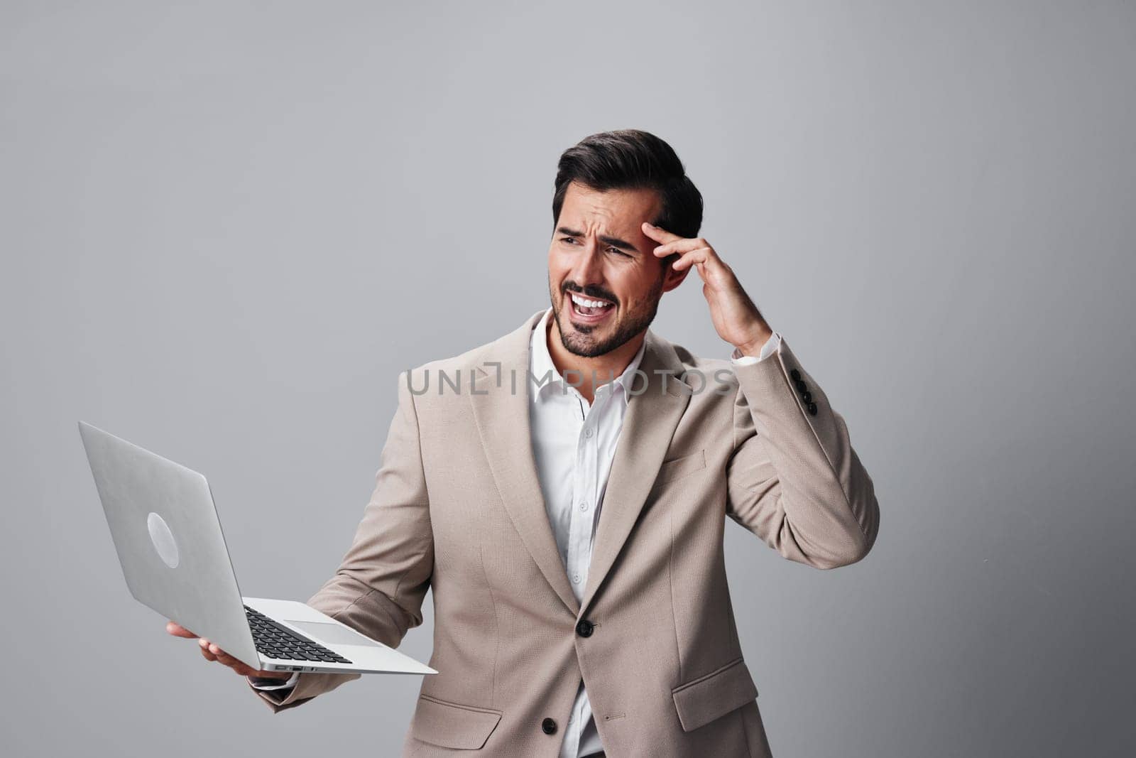 man typing laptop business wireless internet computer smiling cheerful work portrait office adult technology happy corporate freelancer job manager copyspace suit