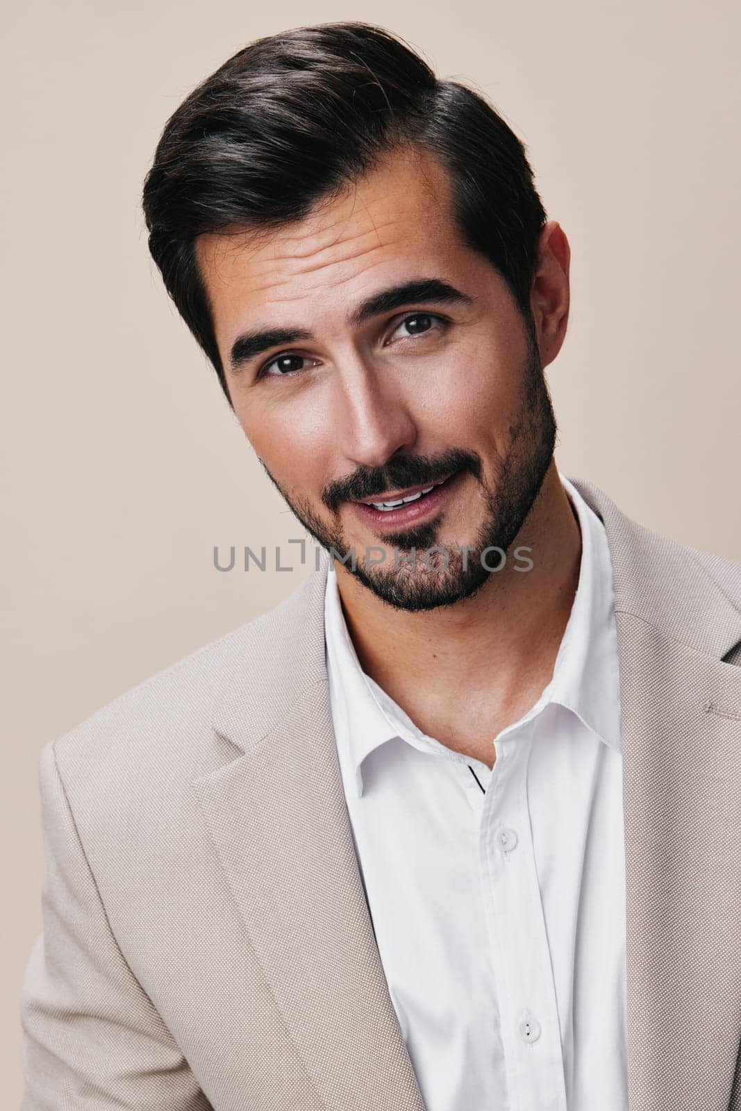 man copyspace arm portrait sexy young business happy beige handsome smiling job posing occupation businessman formal model attractive male executive suit
