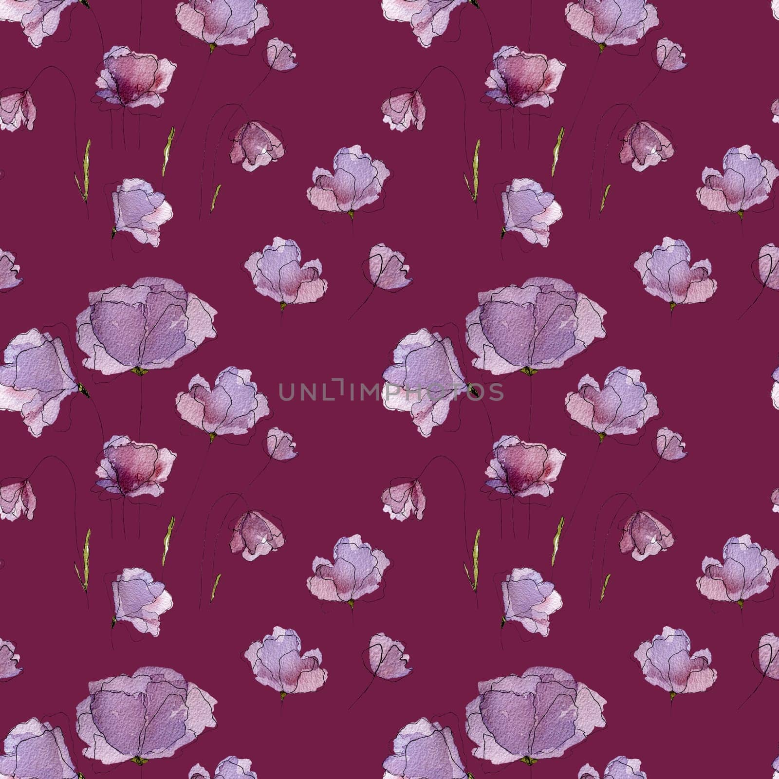 Watercolor spring summer flowers blossom on purple background seamless pattern Tender violet floral bouquet for decoration and postcard design