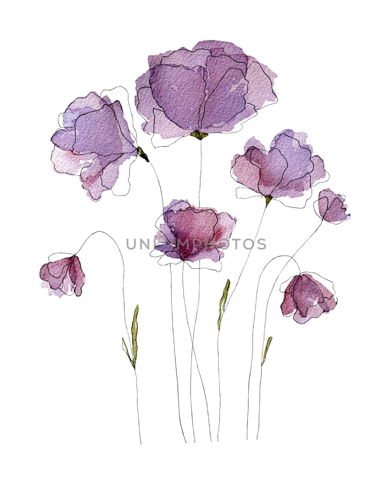 Watercolor spring summer flowers blossom. Tender violet floral bouquet for decoration and design