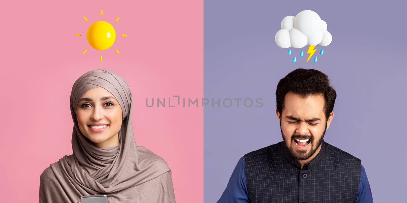 Muslim man and woman expressing positive and negative emotions over colorful backgrounds, creative collage of islamic lady with sun emoji above head and stressed arab with rainy cloud icon, panorama