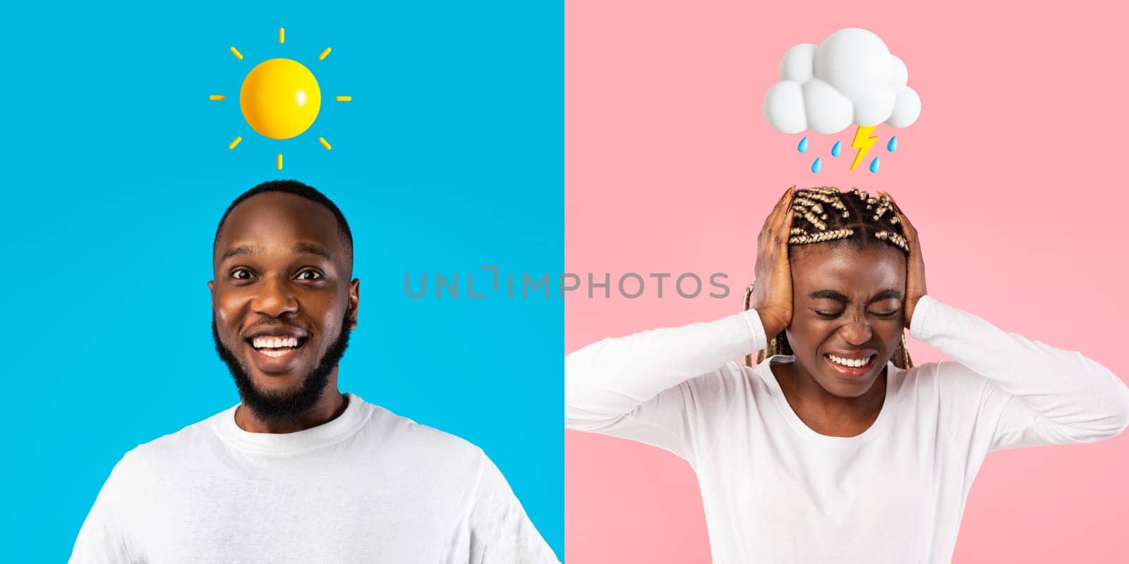Mood Switch. Happy Black Man And Stressed Woman Standing Over Colorful Backgrounds, Creative Collage Of Male And Female With Weather Emojis Above Head Suffering Different Emotions, Panorama