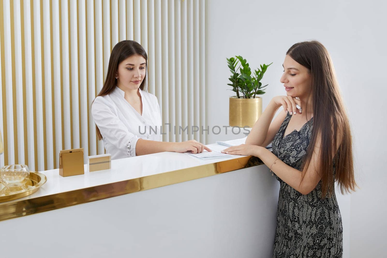 Female receptionist at reception desk with a client in a modern office by Mariakray
