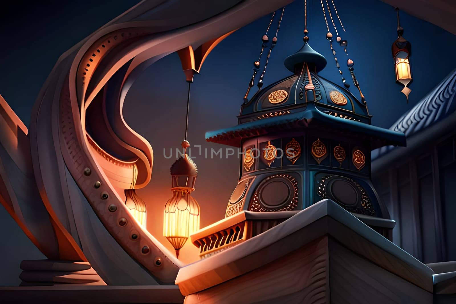 Ornamental Arabic lantern with burning candle glowing . Festive greeting card, invitation for Muslim holy month Ramadan Kareem. Ramadan Kareem greeting photo with serene mosque background.