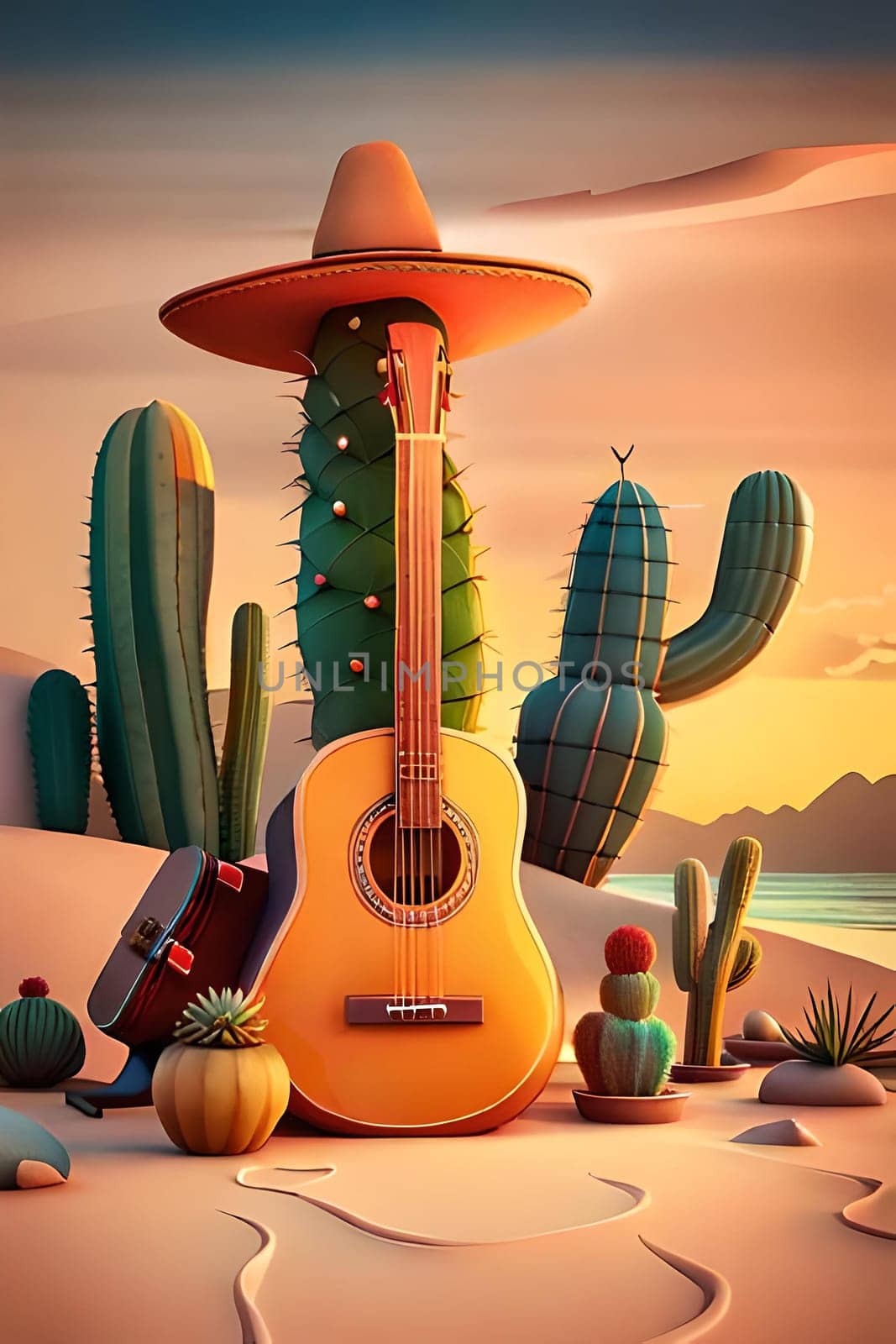 Festive card for Junina festival - whimsical cactus in a hat and flowers. banner, copy space. illustration created by Generative AI