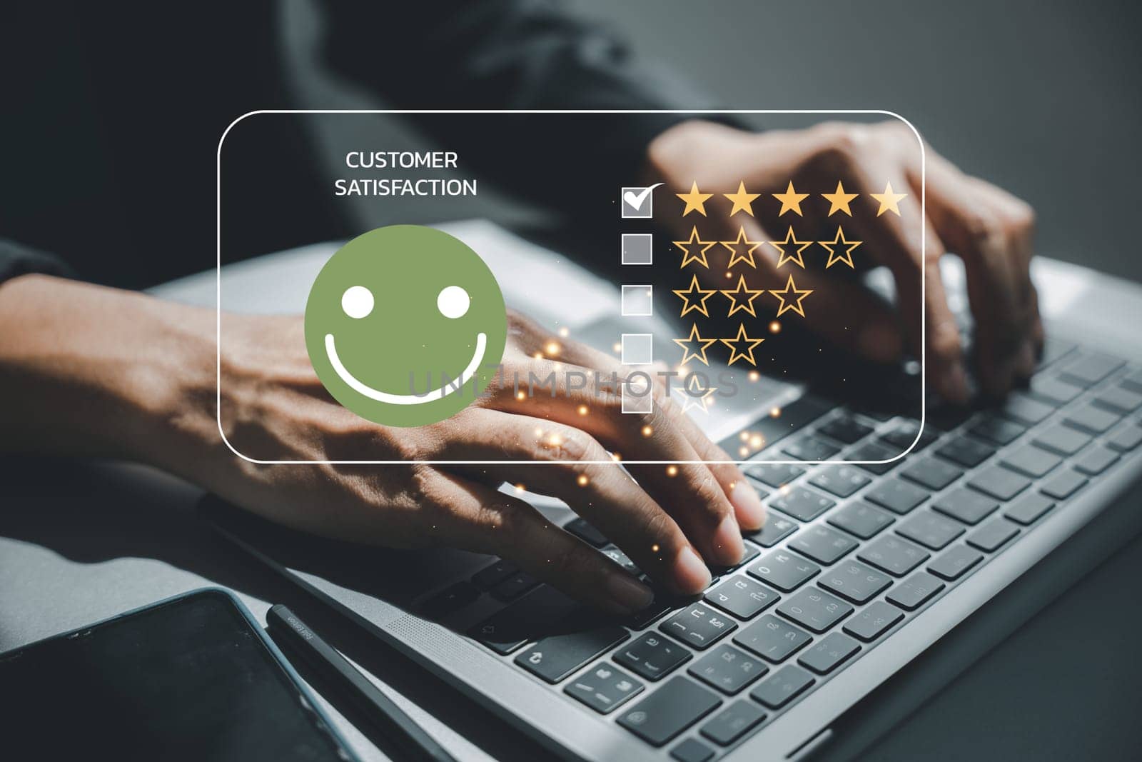 Client satisfaction is the key to business reputation. A man's hand holding a laptop computer with a 5-star popup for feedback and review is essential for service excellence