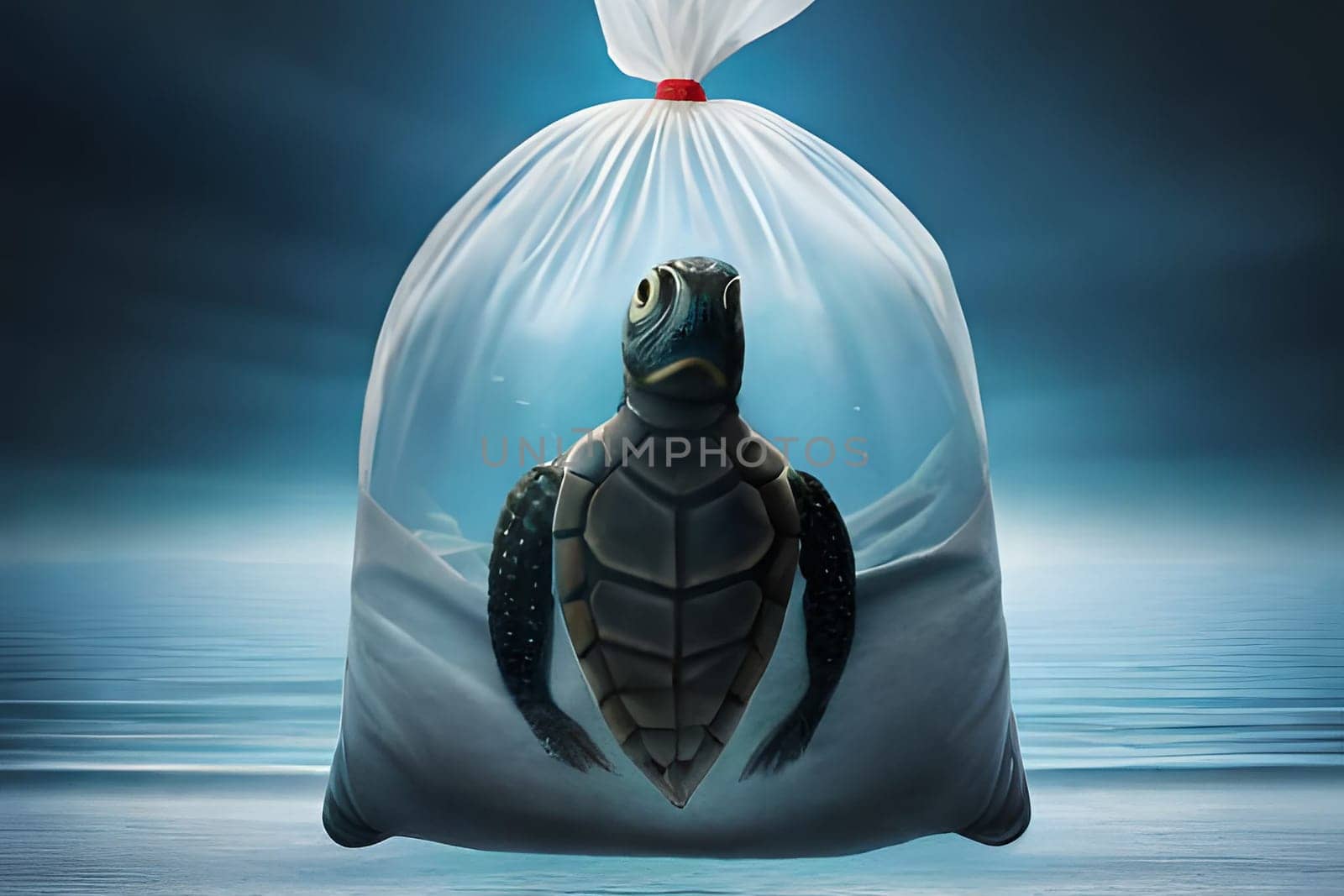 A turtle in a plastic bag. Let's save the ocean. Plastic pollution in ocean , plastic bags in the depths of the ocean . High quality photo