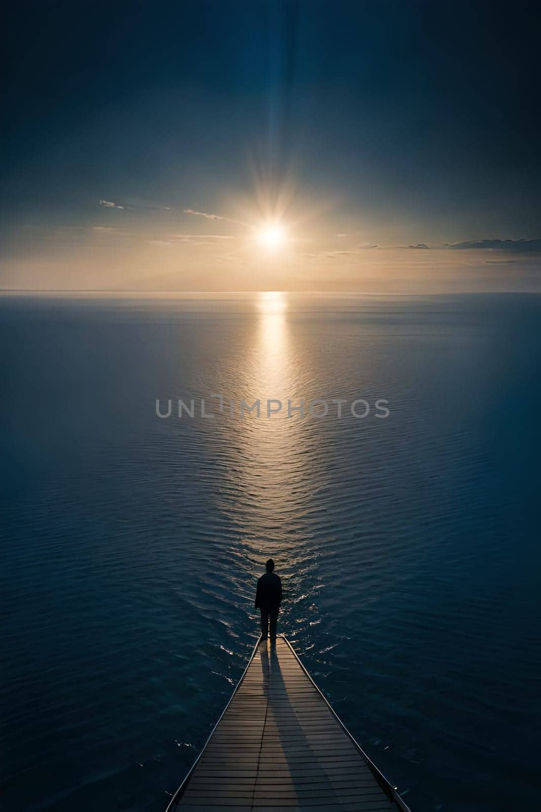 Moonlight in ocean landscape. The ocean stretches out as far as the eye can see, its surface a canvas of deep, midnight blue. AI generated image