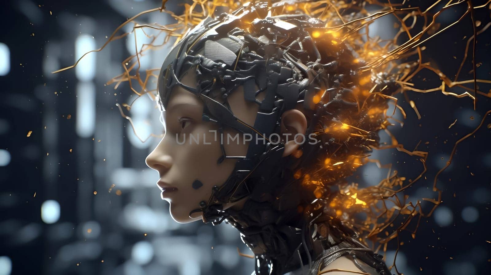 A woman inside a neural network. Abstraction. The concept of neural networks